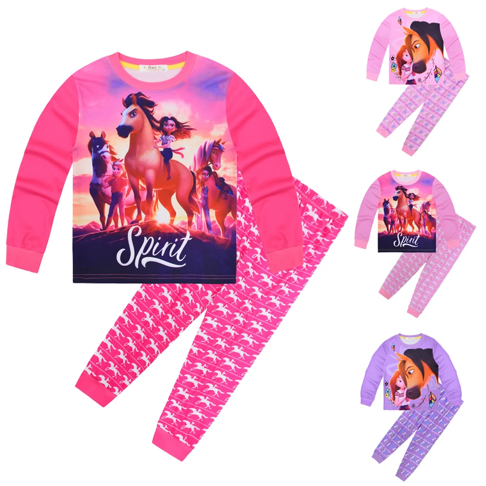 Kids Spirit Riding Free Costume Cartoon Pyjama Baby Girls Long Sleeve T Shirt Pants 2pcs Sets Boys and Girls Casual Sleepwear