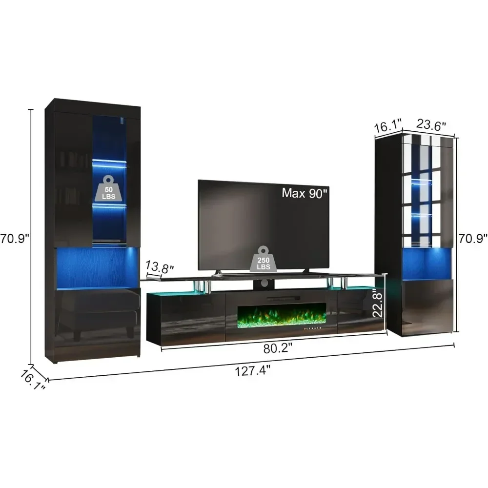 TV Stand with Fireplace and Bookcases, 80" 2-Tier Fireplace TV Stand with 40" Fireplace, 2 X Bookshelves, Tv Stands Fireplace 2