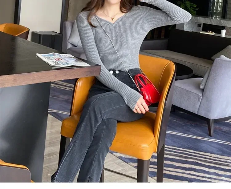 Women Slim V-Neck Bottoming Sweater Autumn Winter For Women Casual Pullovers Long Sleeve Knit Warm Office Sweater