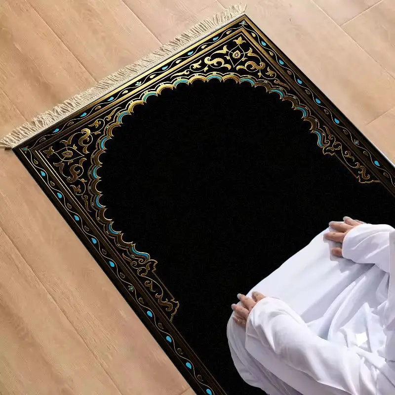 سجادة صلاة إسلامية من المخمل من فيكاما، تصميم بسيط باللون الأسود والذهبي والأزرق مع نمط المحراب، محمولة ومضادة للانزلاق، هدية مثال...