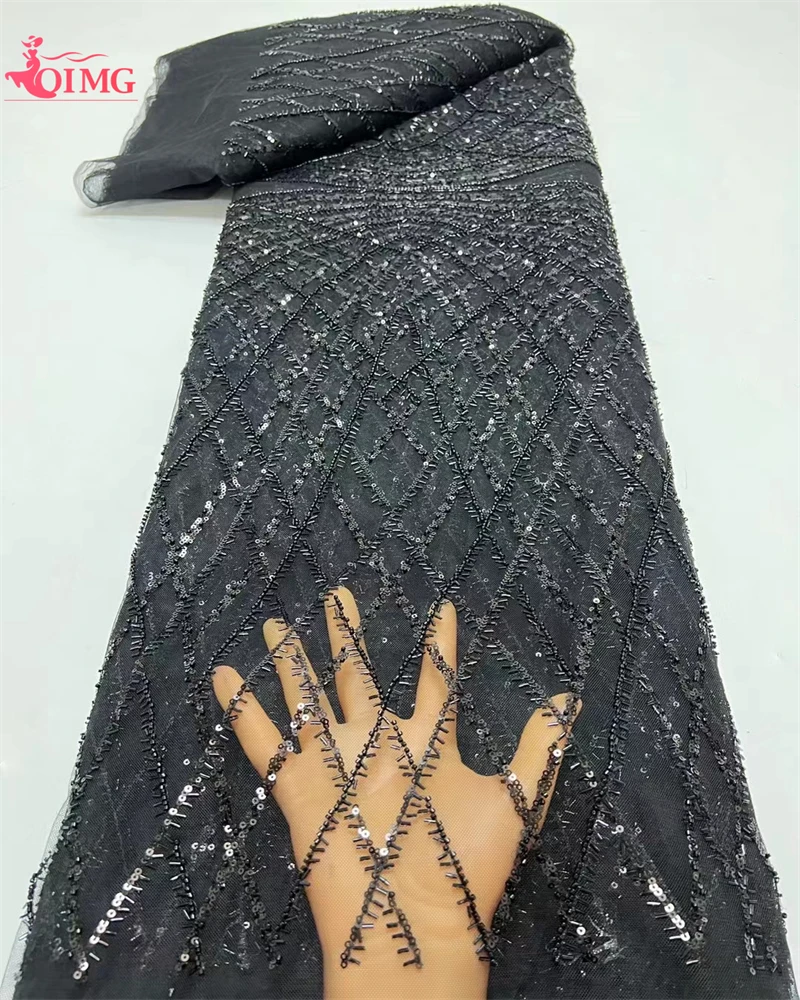 

OIMG High-End Luxury Heavy Hanmade Beaded Lace Fabric Embroidery French Lace Wedding Dress Bridal Sequin Tulle Material
