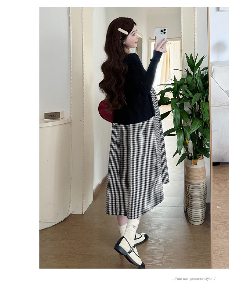 Summer Pregnant Women Plaid Dress Suits Short Sleeves Cotton T-Shirt Sundress Twinset Clothes Set Maternity Dress with Shirts