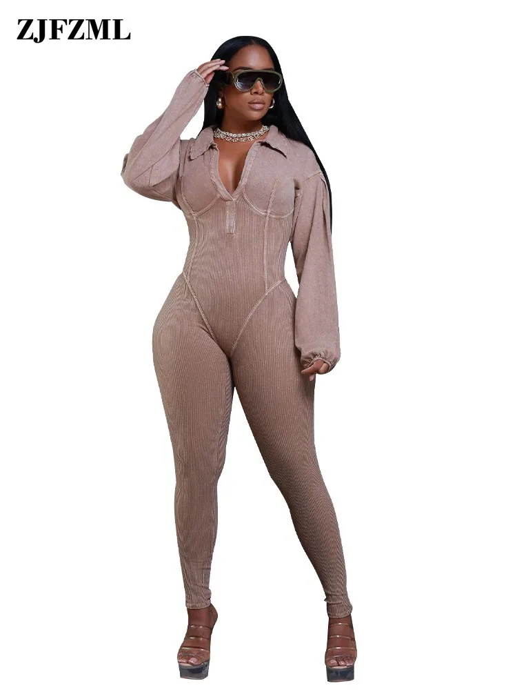 

Solid Color Ribbed Deep V Neck Skinny Jumpsuits Daily Casual One Piece Outfits For Women Turn Down Collar Full Sleeve Bodysuits