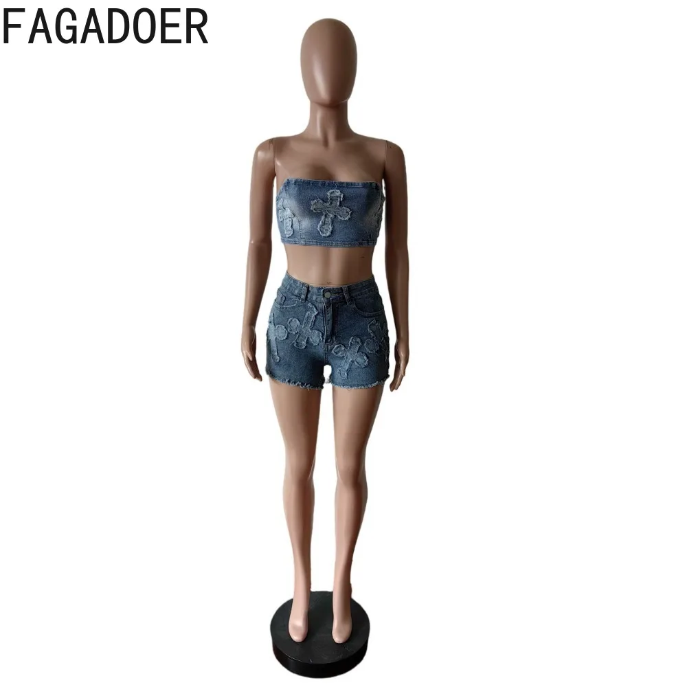 FAGADOER Fashion Retro Embroidery Elasticity Jean Shorts Two Piece Sets Women Sleeveless Backless Tube And Shorts Denim Outfits