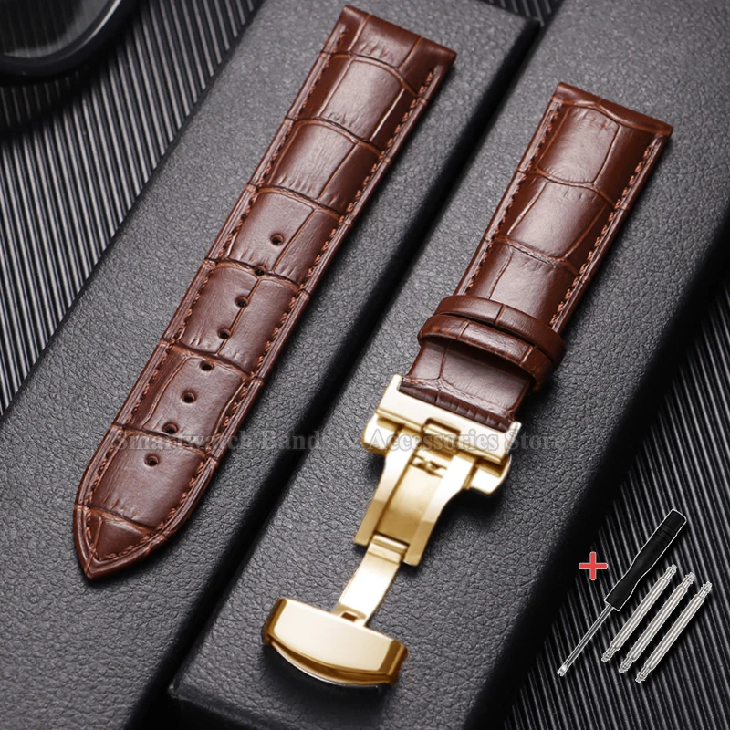 Premium Waterproof Cowhide Leather Watch Strap with Metal Butterfly Buckle