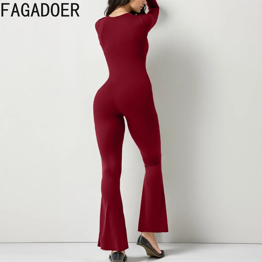 FAGADOER Autumn Casual Solid Color Slim Sporty Jumpsuits Women Round Neck Long Sleeve Wide Leg Pants One Piece Playsuit Overalls