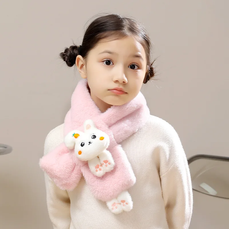 Baby Scarf Boys Girls Winter Thick Plush Cross Cartoon Rabbit Faux Fur Neck Protection Warm Shawl