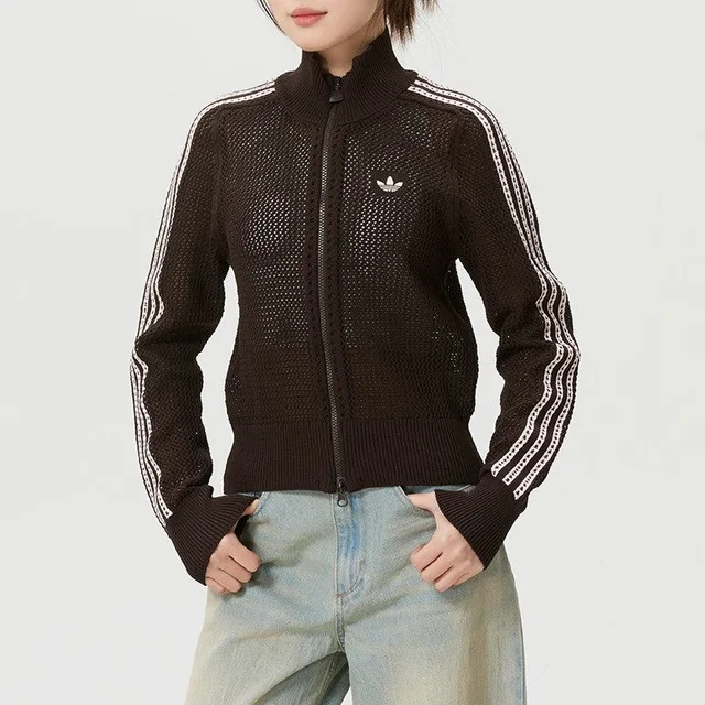 adidas Originals Veste cardigan de sport décontractée en maille ajourée à col montant, tendance et polyvalente pour femme KE0202 1