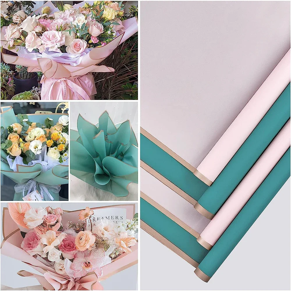 Papier Cadeau Pour Bouquets De Fleurs - Lot De 20 Feuilles 58x58 Cm Imperméable - Avec Rubans Inclus - Blanc Avec Bordure Dorée - Pour Emballage Floral Chic - 8
