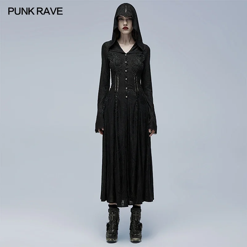 PUNK RAVE Women's Gothic Exquisitely Embossed Cut-out Applique Jacket Fashion Party Club Palace Women X-Long Coat Dress Woman