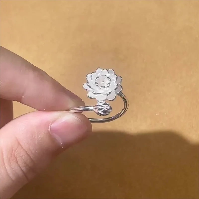 Plain Silver Color White Lotus Rings for Women New Trend Temperament Adjustable Ring Jewelry Gifts