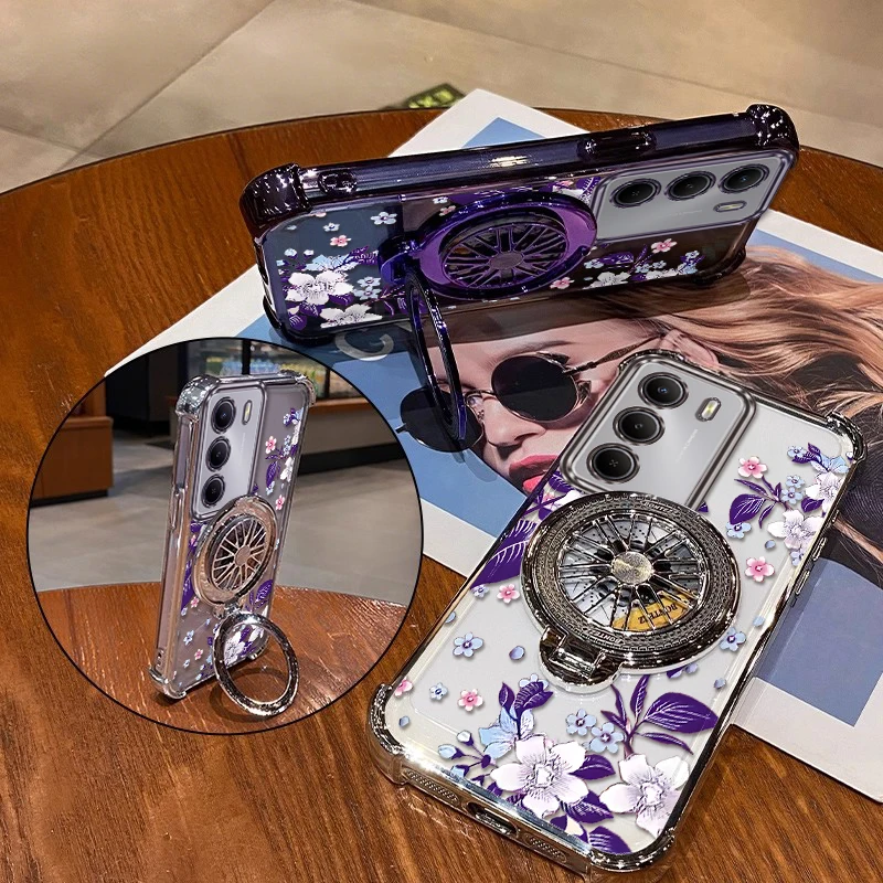 Purple Flowers Plating Phone Case with Lanyard Bracket
