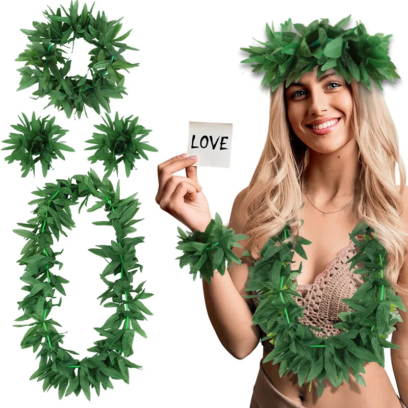Hawaiian Party Artificial Leaves Wreath Garland Necklace Headband Bracelet for Summer Tropical Birthday Party Decoration Wedding