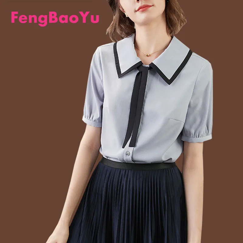 

Fengbaoyu Quality French Vintage Chiffon Shirt Women's Summer Short Sleeve 2023 New Slim Blue Commuter Chic Top Free Shipping