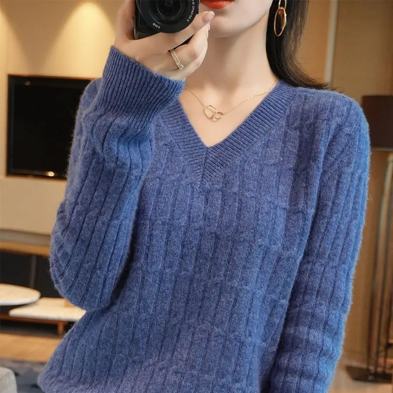 Autumn Winter Temperament Female Solid Color Knitted Tops 2023 Fashion V-Neck All-match Long Sleeve Sweaters Women's Clothing images - 6