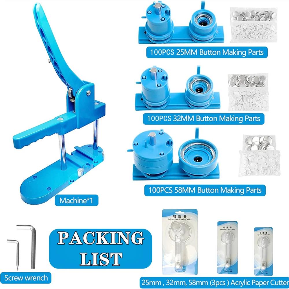 Badges Button Maker Machine with 300Pcs Parts 3 Size Mold 3 Size Circle Cutter 25+32+58MM badge maker button maker machine