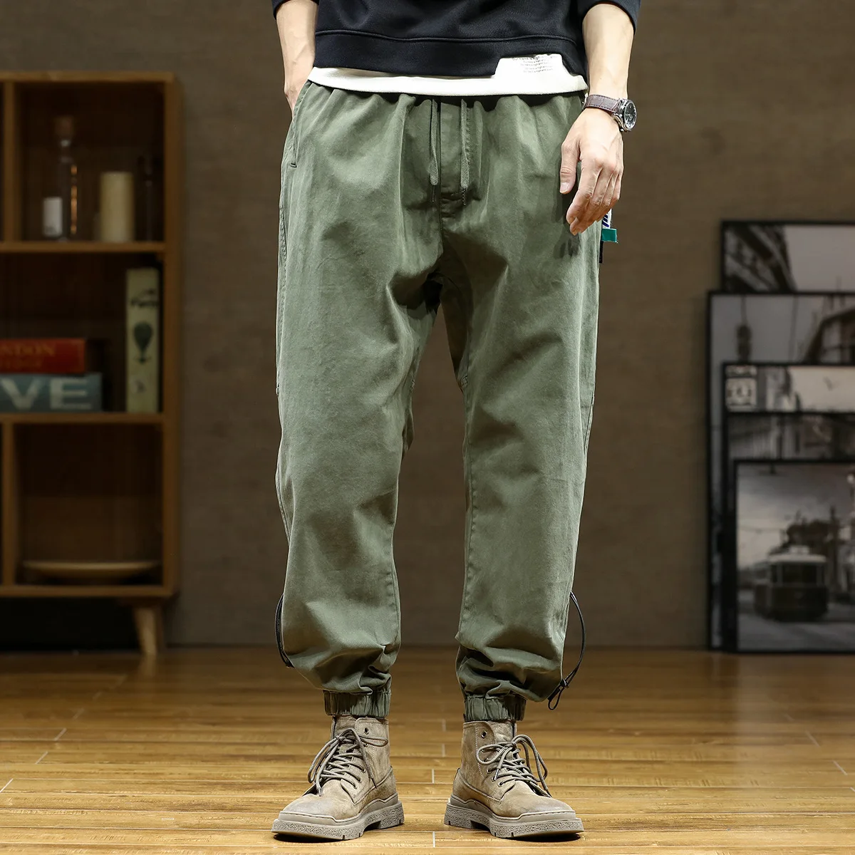 Elmsk Spring and Autumn Military Green Pants for Men's Japanese Loose Large Size Workwear Pants with Elastic Waist and Elastic L