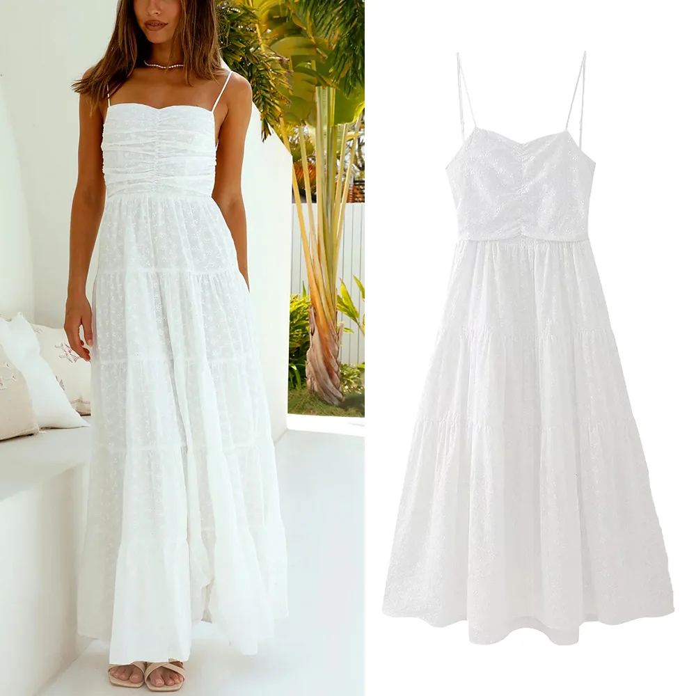 

TRAF Embroidered Pleated Straps White Dress Female Open Back Lace-Up Lady Long Dresses New Layered A-Line Hem Vestidos For Woman