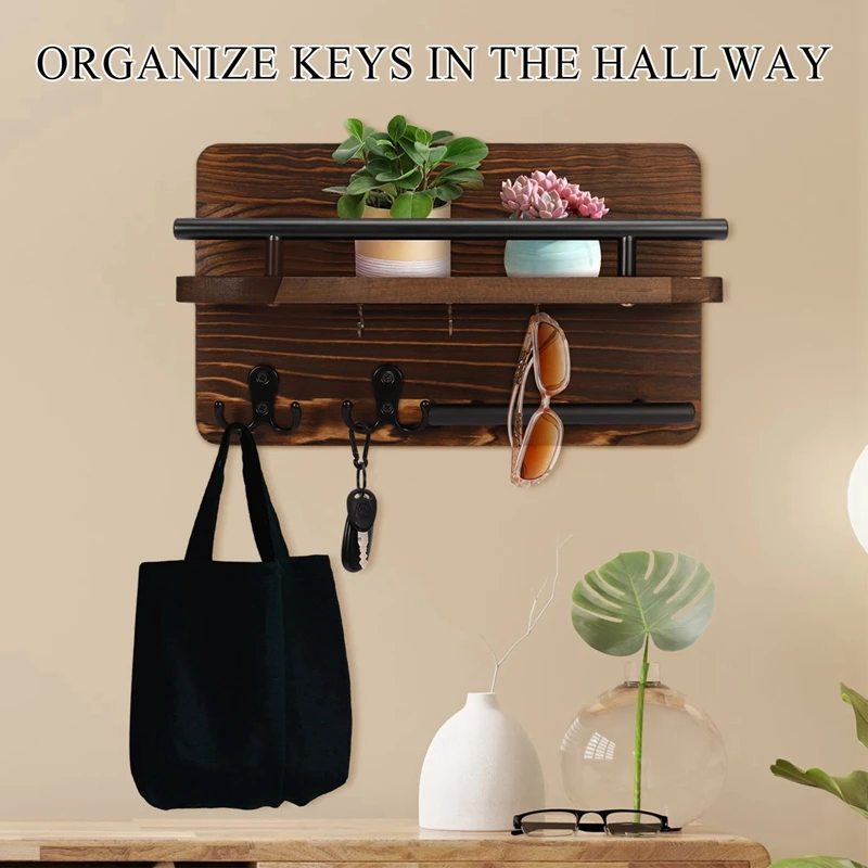 Wooden Wall  with Shelf Home Key Decor for Entryway Hallway Key Holder with 5 Hooks Mail Organizer 6