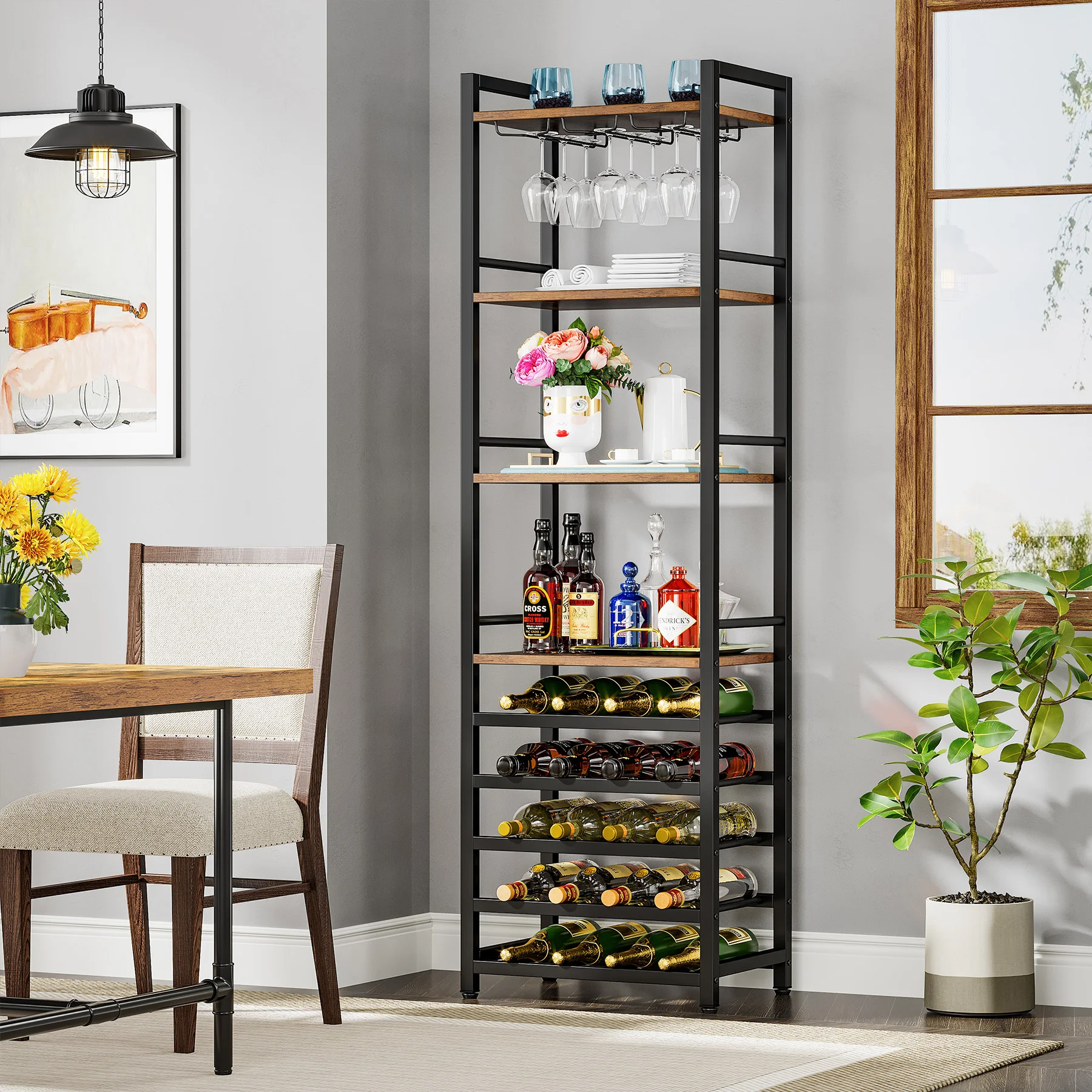 Tribesigns 20 Bottle Wine Bakers Rack, 9 Tier Freestanding Wine Rack with Glass Holder and Storage Shelves