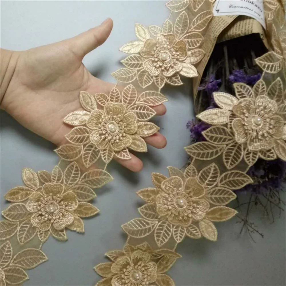 

2 yards Gold Pearl Flower Leaf Handmade Beaded Embroidered Lace Trim Ribbon Applique Wedding Dress Sewing Craft DIY 9cm