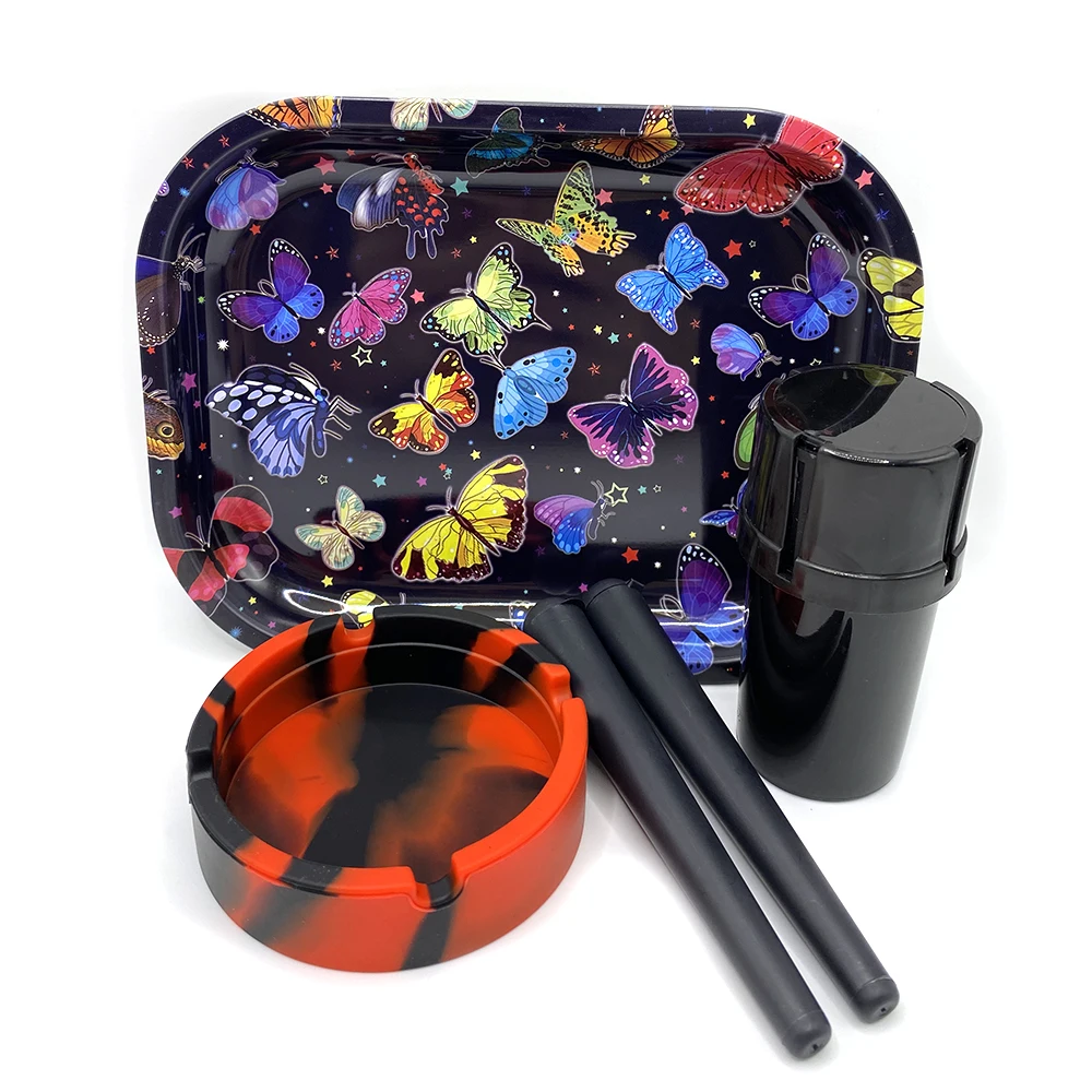 5Pcs Cigarette Plastic Herb Grinder Tobacco Silicone Round Ashtray Metal Rolling Tray 18X14cm Storage Tube Container Smoking Set 6