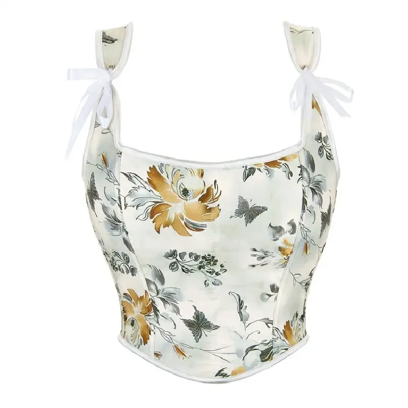 Sexy Floral Print Women Crop Tops Summer Fashion Corset Brust French Style Vintage Fishbone Off Shoulder Bustier Tops