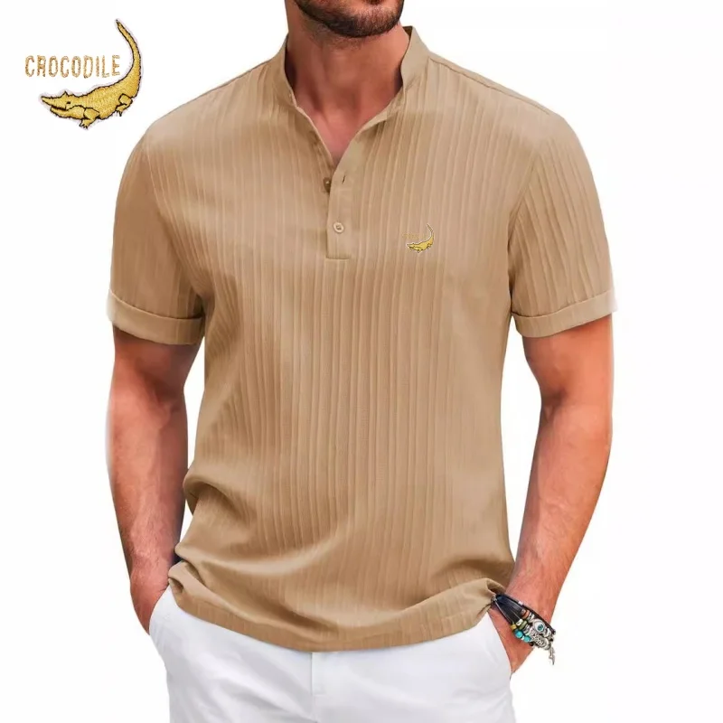 New High-end Embroidered Cotton and Linen Striped Henry Shirt for Men's Summer Casual Fashion Comfortable Breathable T-shirt Top 11 S4b1efe07f0d04fd98d56e1edef8fa90al