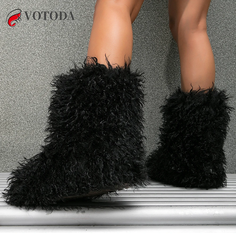 Women Snow Boots Winter Boots Furry Shoes Women Teddy Fur Snow Boots Fluffy Warm Faux Wool Plush Fashion Ladies Mongolian Fur Boot