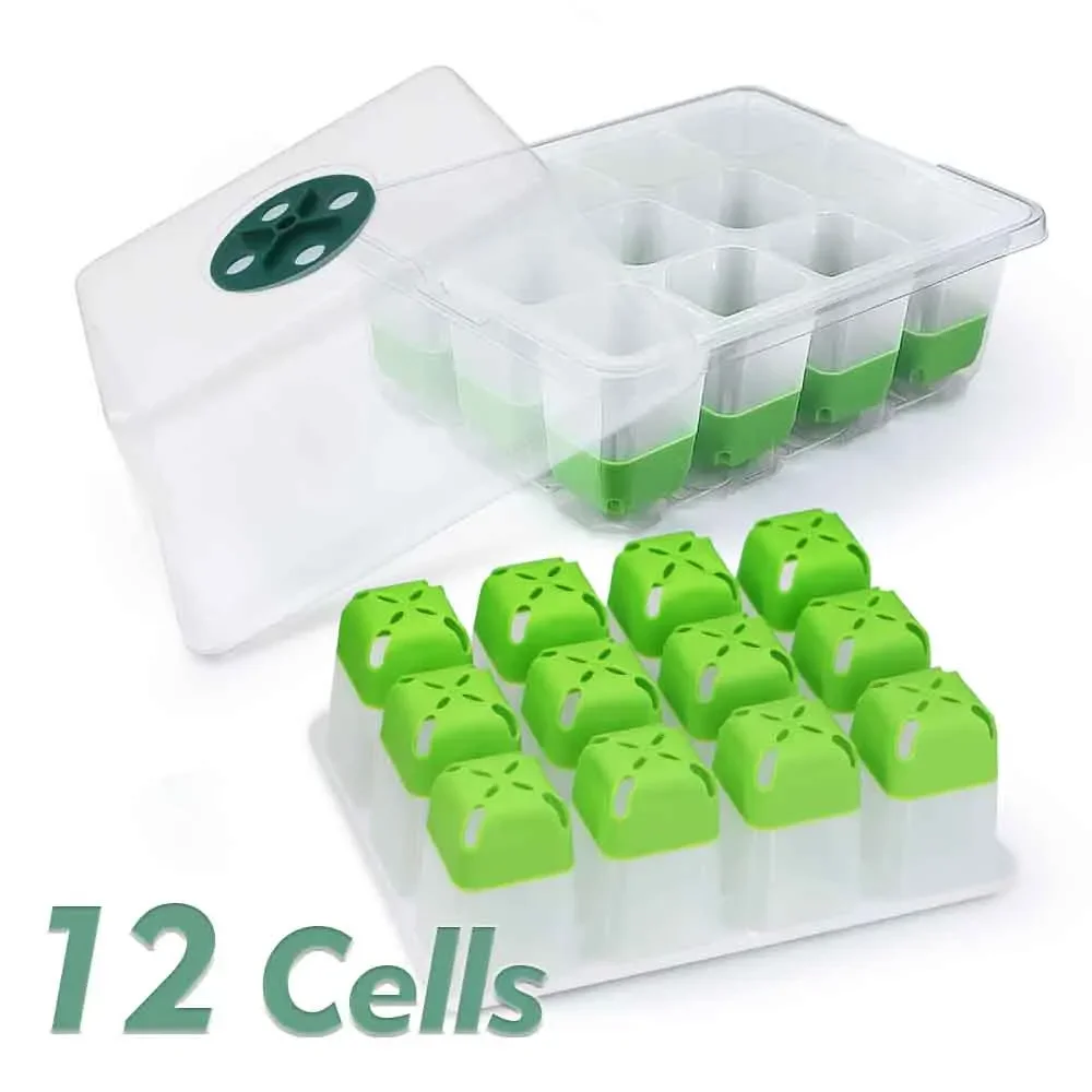 Seedling Starter Tray 12-cell Silicone Seedling Starter Tray Indoor Garden Greenhouse Growth Potting with Cover Adjustable Humidity Germination Box