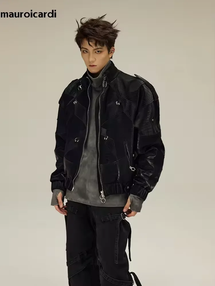 Mauroicardi Spring Autumn Cool Handsome Crocodile Print Patchwork