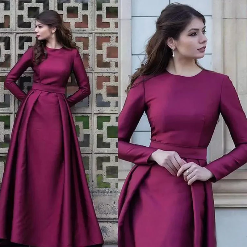 

Modern Simple Purple A Line Long Sleeve Mother of the Bride Dresses Satin Jewel Neck Wedding Party Gowns Floor Length On Sale