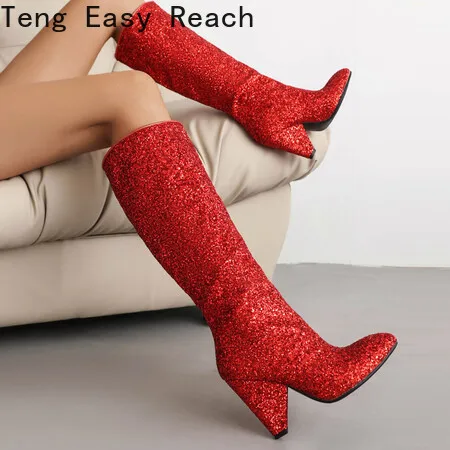 

Sequined Bling Bling Knee High Boots 9.5CM Heel Winter Boots for Woman Red/gold/silver 3 Colors Motorcycle Boots