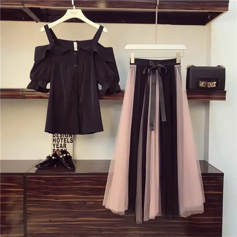 2023 Spring Summer Womens Suit Large Size Women\'s Shirt Top+ Skirt High Waist Skirt Holiday Two Piece Set