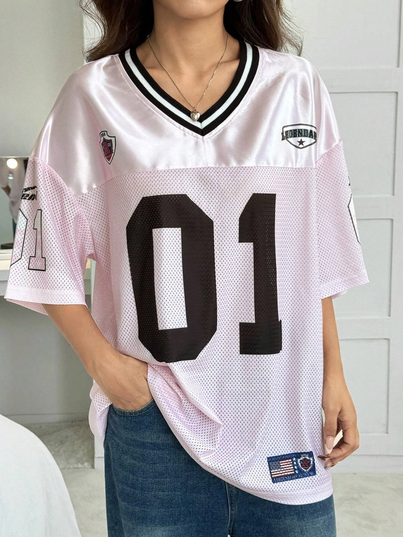 American sports fashion women’s V-neck jersey – loose breathable quick-dry Y2K hip-hop casual versatile top from CyberStreetOne L pink