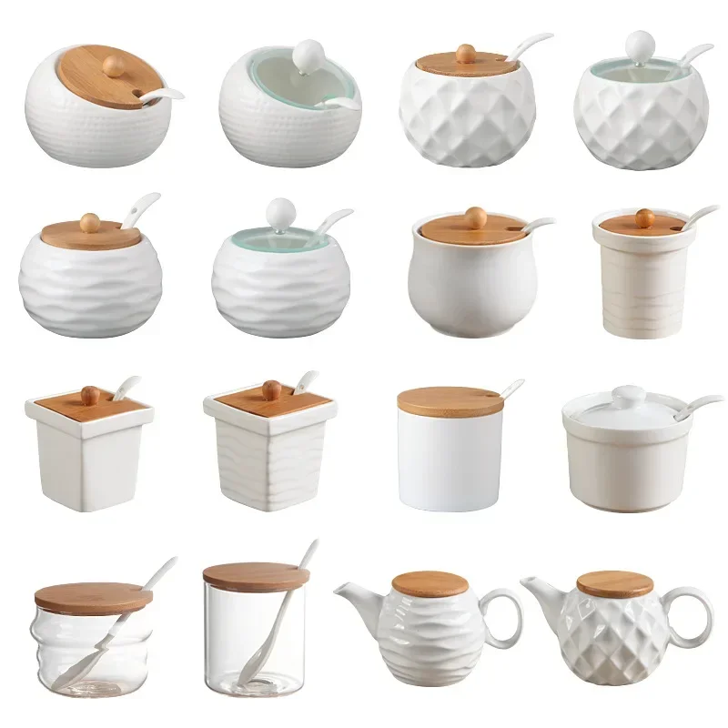 Ceramic Seasoning Jars with Wooden Lid Spoon Set