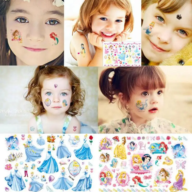 New Disney Princess Tattoo Sticker Cartoon Snow White Belle Ariel Figure Sticker Toy For Girls Children's Birthday Party Gift