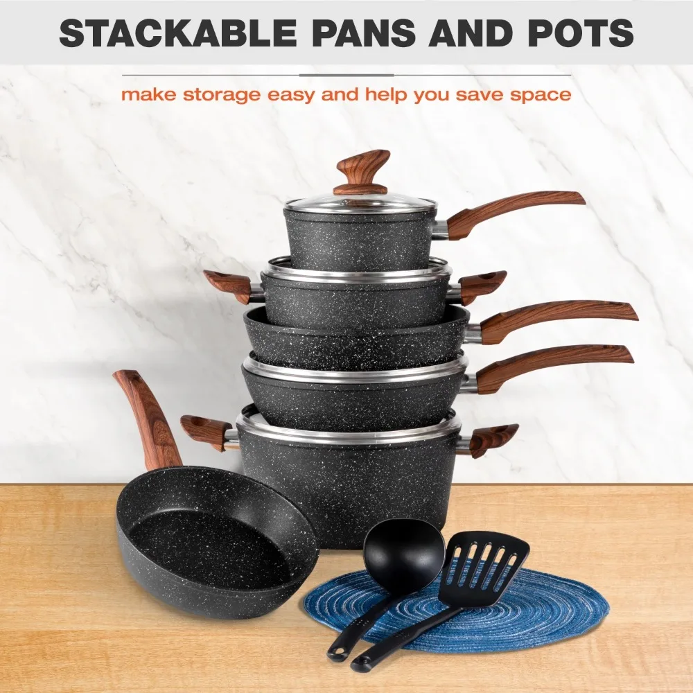 and Pans Set Nonstick, Granite Cookware Set 12 Pcs Non Toxic Cookware Set  Induction Compatible, Black Granite Pots and Pans Set - AliExpress