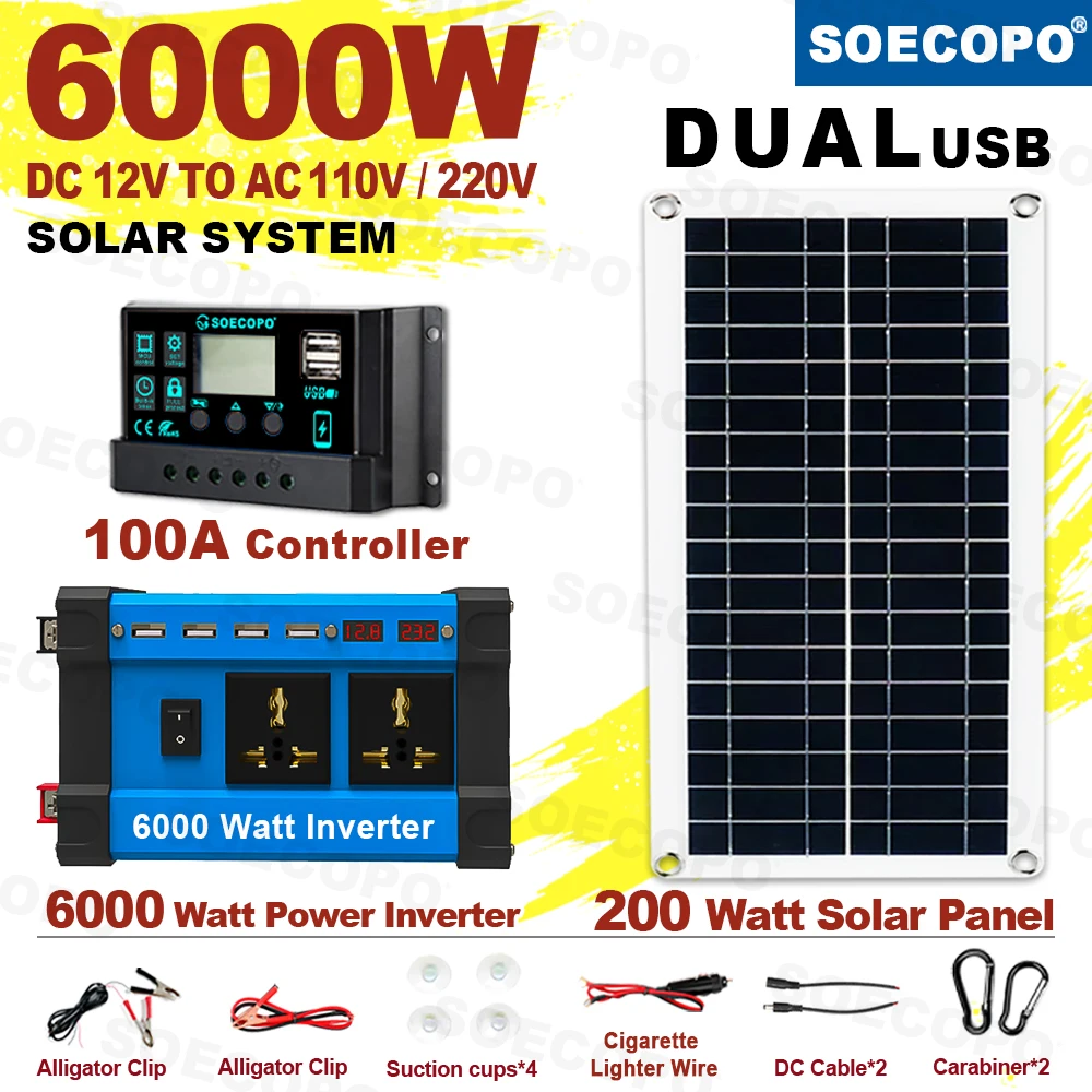 Solar System 6000W Complete Kit 12V To 220V 100A Controller 200W Panel Solar Power Generator for home/Camping Backup Battery solar panel kit solar controller grid solar inverter portable solar power station