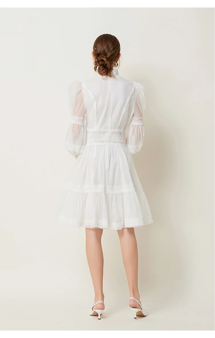 2024 French Elegant Lace Splicing Waist Lantern Sleeve Dress Vintage High Collar Princess Dress Organza Cocktail Women's Wear