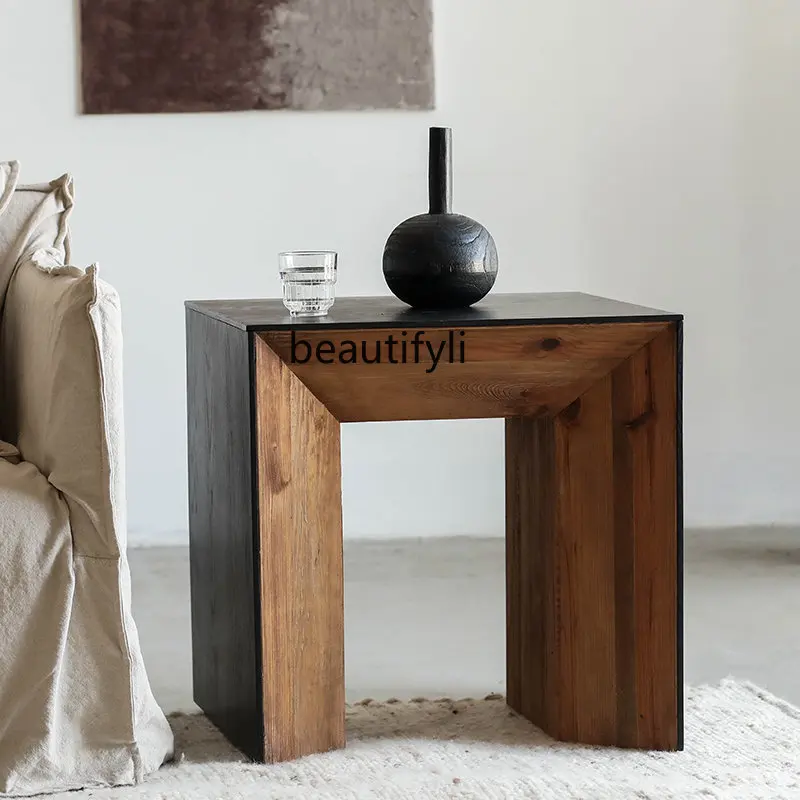 

zq Black Solid Wood Corner Table Old Pine Oak Veneer Vintage Distressed Living Room Sofa Side Table Coffee Table