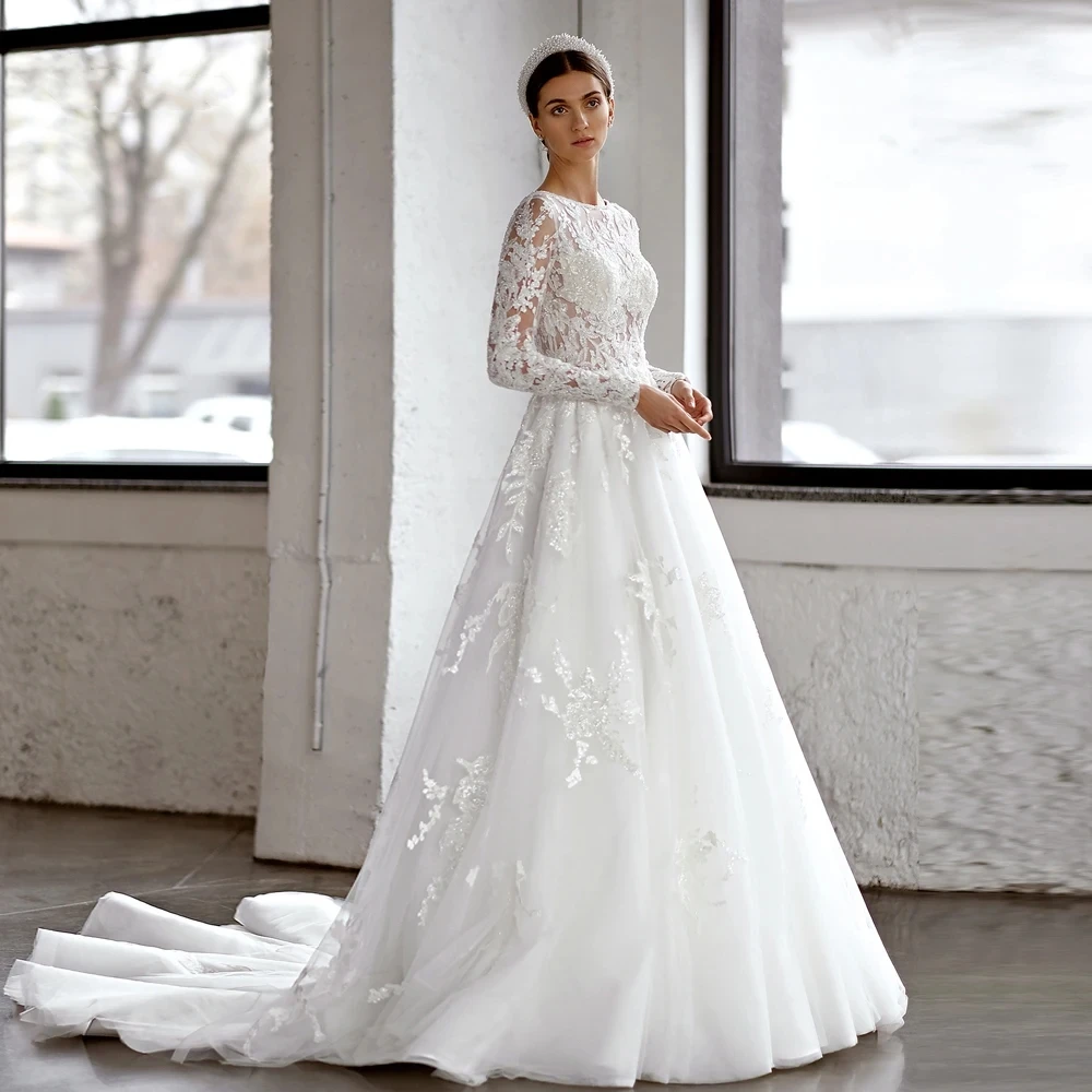 

Exquisite Wedding Dresses O-Neck A-Line Bridal Gowns Lace Appliques 2024 Long Sleeves Tulle Luxury Robes Vestidos De Novia 2023