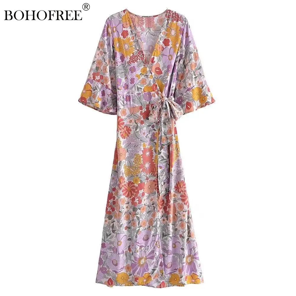 Vintage-Boho-Wrap-Dress-V-Neck-Short-Seeve-Rayon-Cotton-Bohemian-Maxi ...