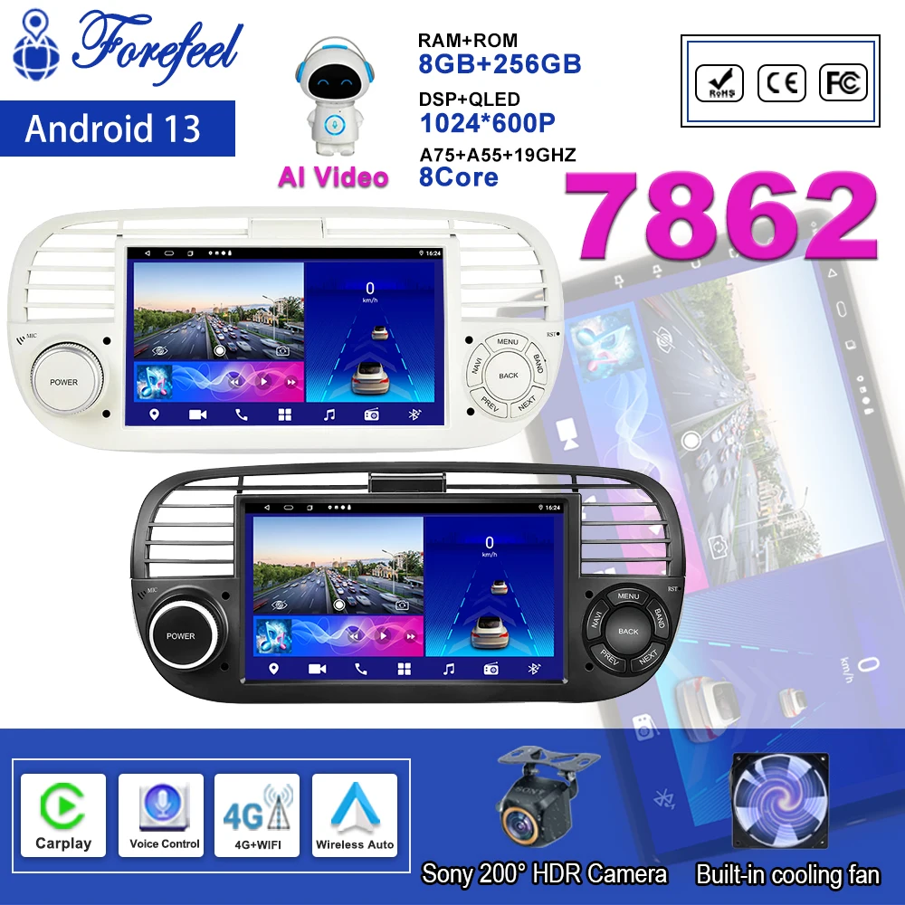 Car Carplay Android 13 Per Fiat 500 Abarth 2007-2015 Multimedia Stereo Navigation Gps Screen Player Auto Radio Dvd Head Unit Bt