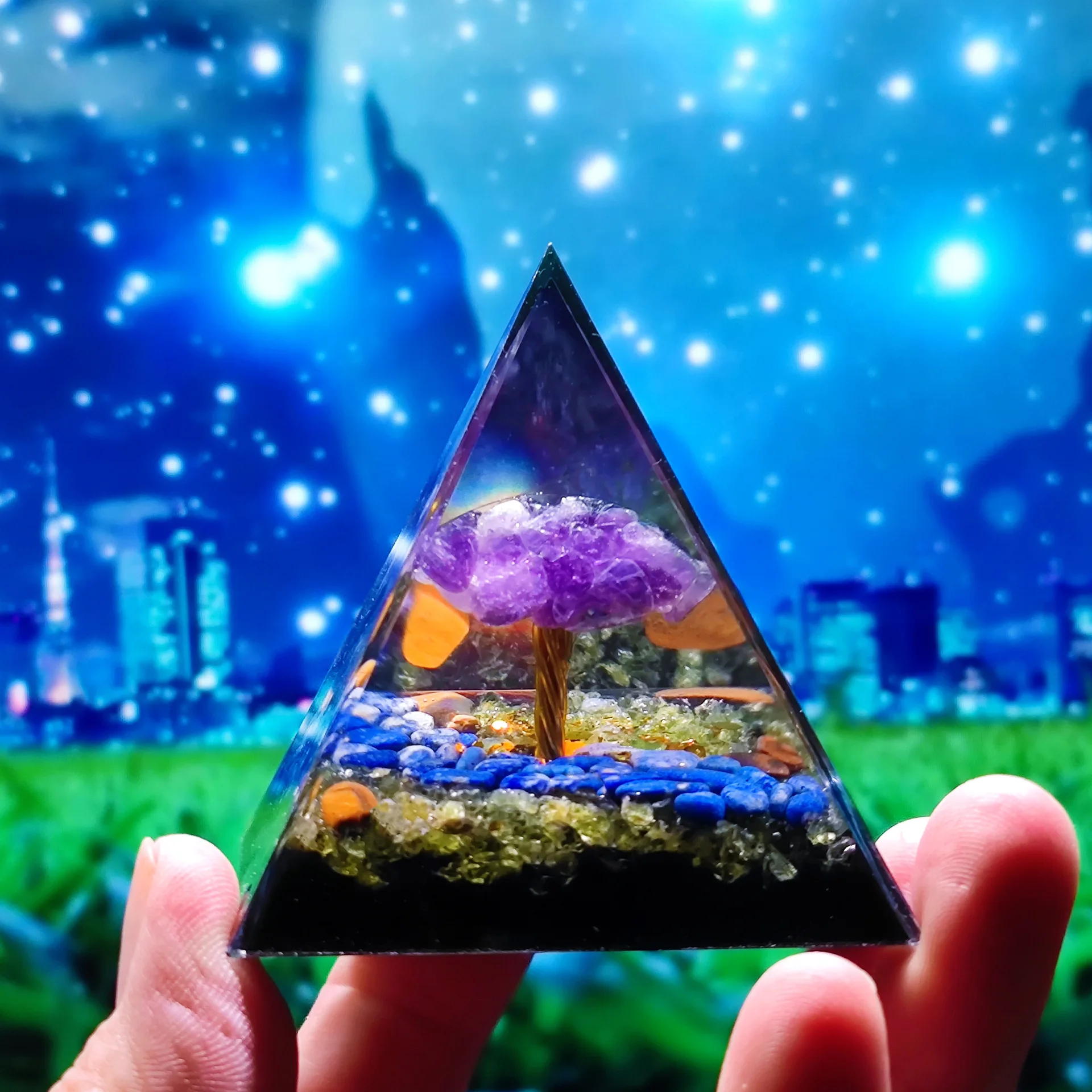 

Dream crystal amethyst crushed stone Tree of life Pyramid home crafts resin decor Oganite Pyramid Meditation Tools gift
