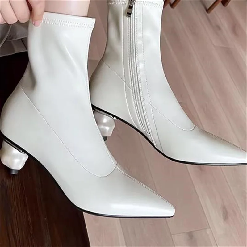 

Pearls Heels Shoes for Women Pointed Toes Ladies Pleated Chassure Femme Sewing Lines Female Boots Leather Tacones Zapatos Mujer