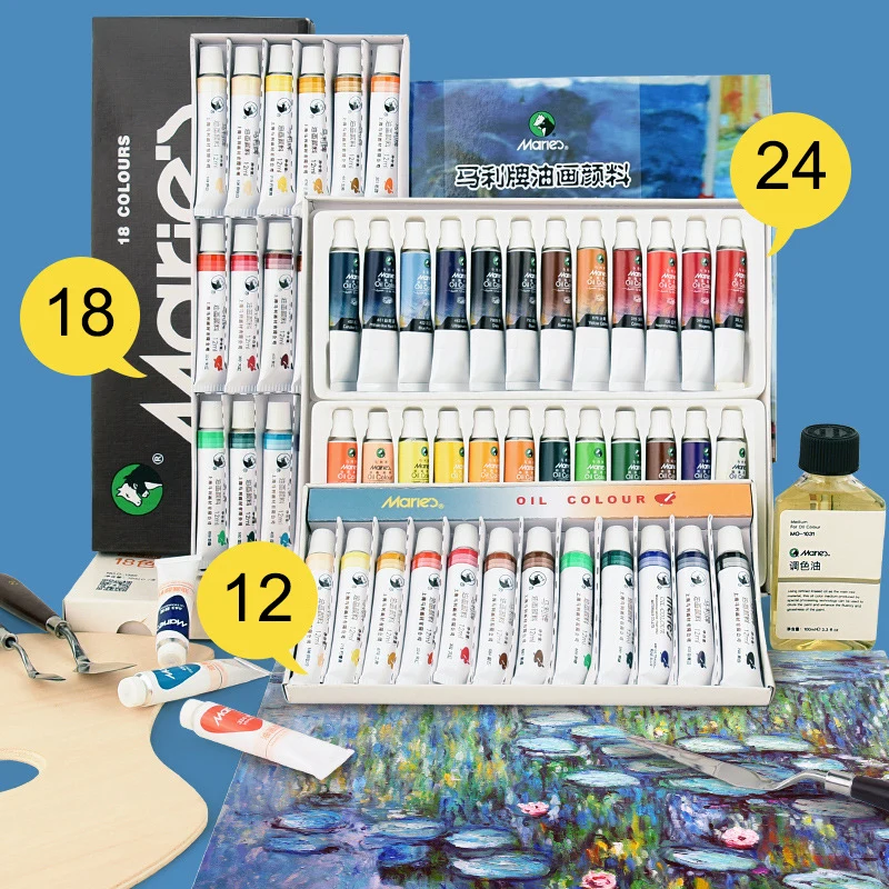 Maries 12/18/24 Colors Professional Oil Painting Pigment Tube Acrylic Paint Artist Drawing Gouache Fabric Glass Paint Supplies