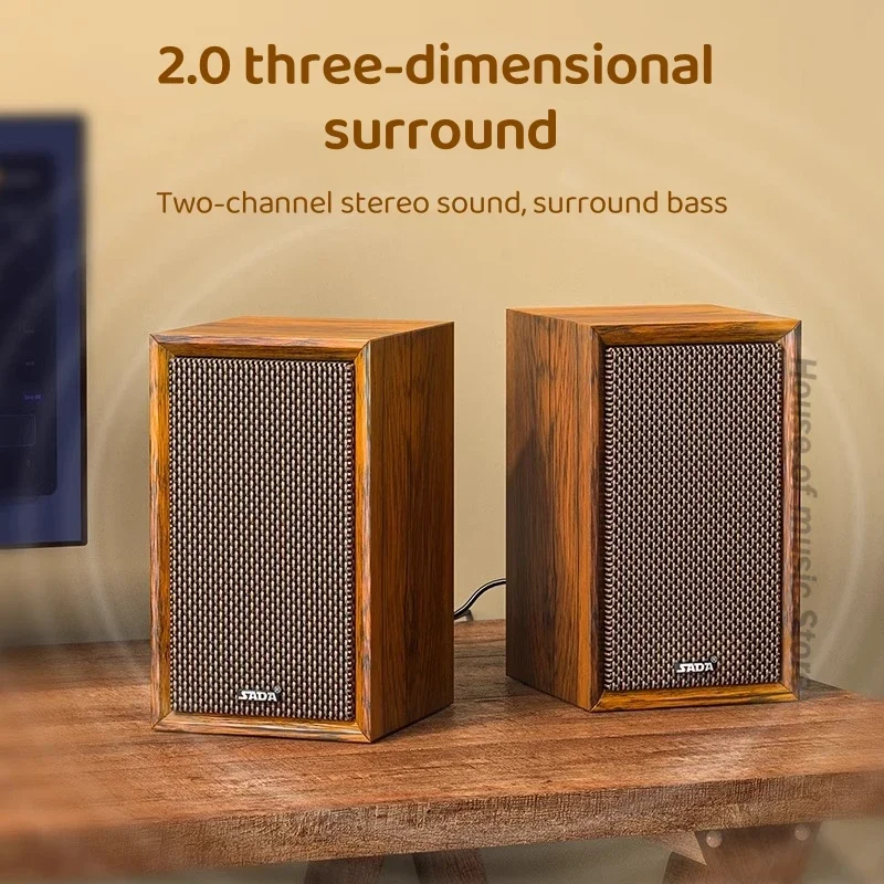 SADA V-123 레트로 우드 스피커, 블루투스 및 3.5mm 유선 사운드박스, 2.0 스테레오, 베이스 포트, 데스크탑 노트북 게임용 독립 제어 기능