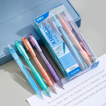 Deli 12 pcs retractable gel pen writing 0.5mm black ink blue fine tip ballpoint pens smooth writing pen for back to school 1