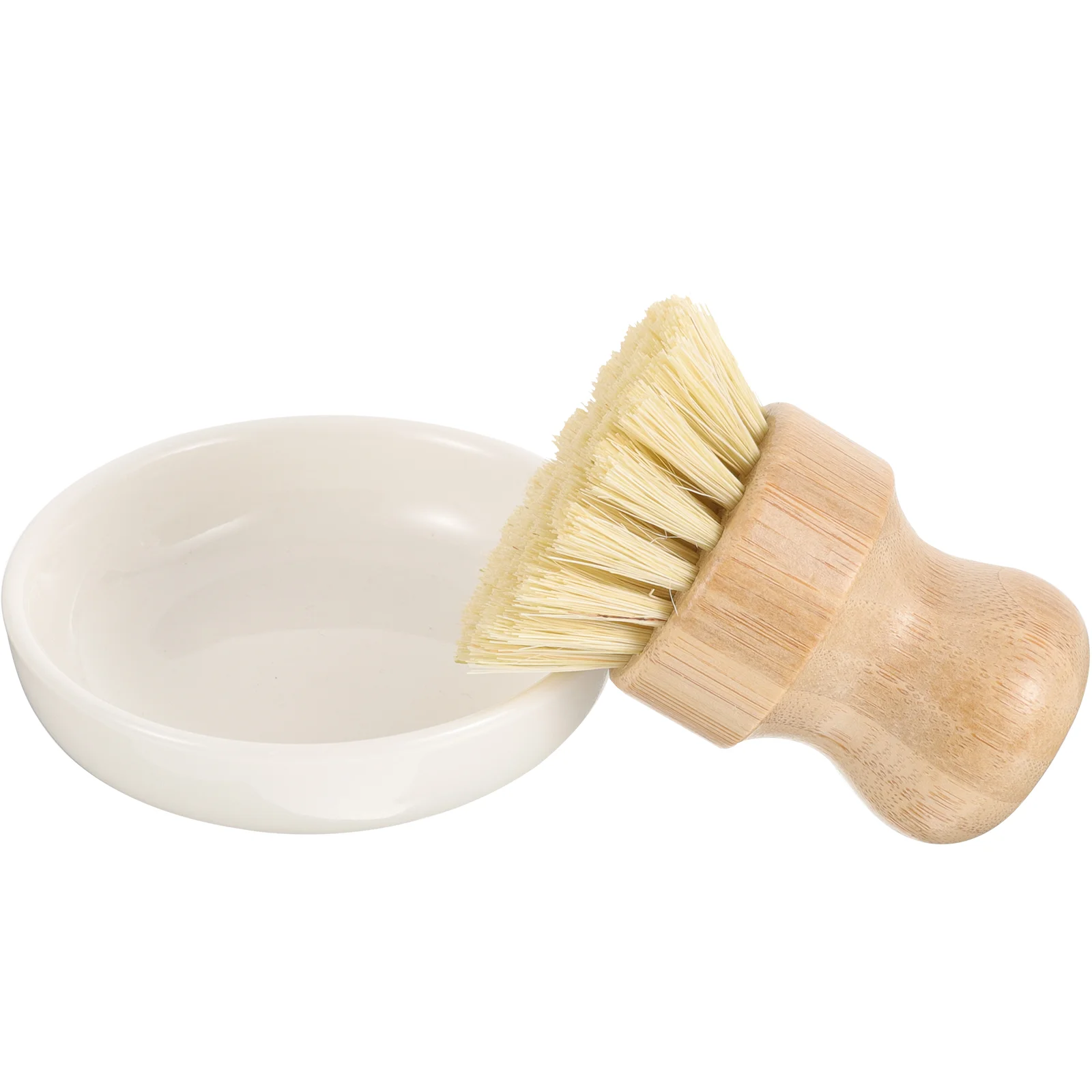 

Bamboo Dish Brush Ceramic Holder Bowl Cleaning Scrub Brush Pot Scrubber Brush Bubble Up Soap Dispenser Dish Pans